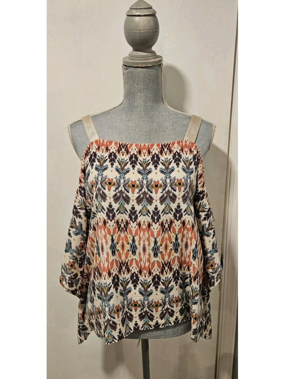 SW3 Bespoke UK Small Silk Open Shoulder Multi Color Print Blouse Top Shirt